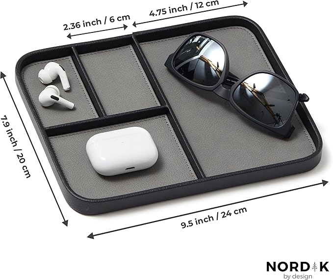 Nordik Leather Valet Tray - Pebble Black - 9.5 x 7.9 Inch Medium Vegan Leather Tray - Stylish Nightstand Organizer for Men - Modern Bedside Caddy - EDC Catchall for Key Watch Wallet Jewellery