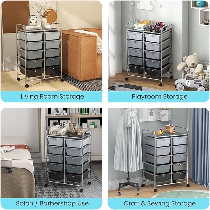 Giantex 10 Drawers Rolling Cart, Classroom Organizers, Storage Cart with Wheels, for Teacher Office Home School Supplies Tool Craft Art Paper, Black Gradient
