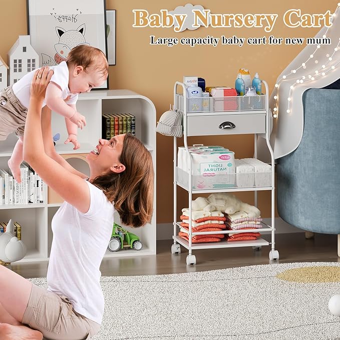 Baby Diaper Caddy Cart Organizer -3 Tier, Bedside Nursery Essentials Cart & Storage Holder for Newborn Baby Stuff, 2+1 Dividers, 1 Drawer,Rolling Utility Cart for Bedroom,Changing Table, Crib.