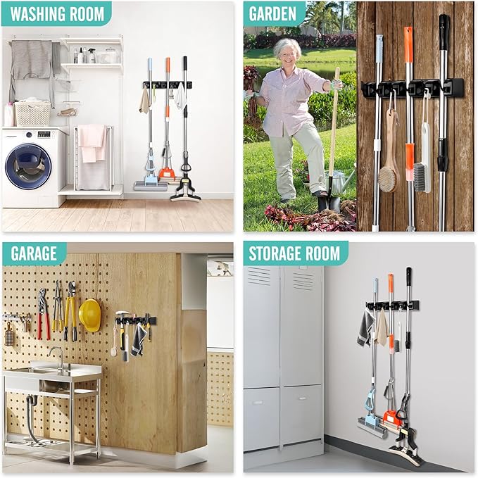 Broom and Mop Holder, Wall Mounted Organizer Mop and Broom Storage Tool Rack with 5 Ball Slots and 6 Hooks (2Pack)
