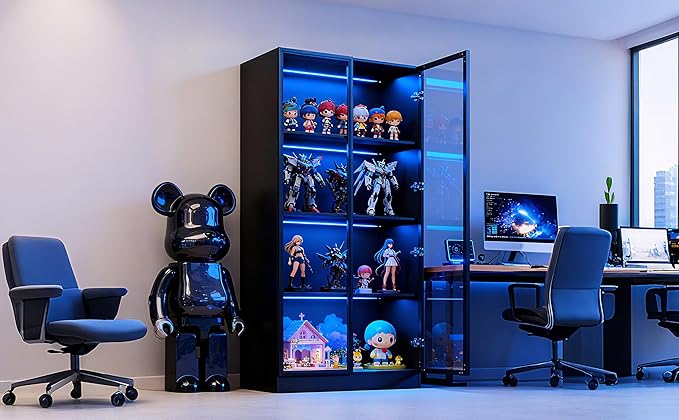 63'' Tall Glass Display Cabinet with LED Lights,Showcase with Glass Doors,4-Tier Curio Cabinet for Collectibles Bookcase,Storage Shelf, Bookcase(Black- 4 Layers, Large)