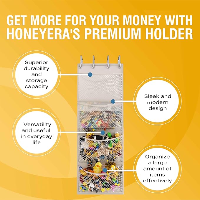 Honeyera The Original Stuffed Animal Storage (Patented) - Over Door Organizer for Stuffies, Baby Ideas Holder, Toy Plush Hammock Hanging Net Big Girls Toddler Large Bag Animals Stuffy Behind