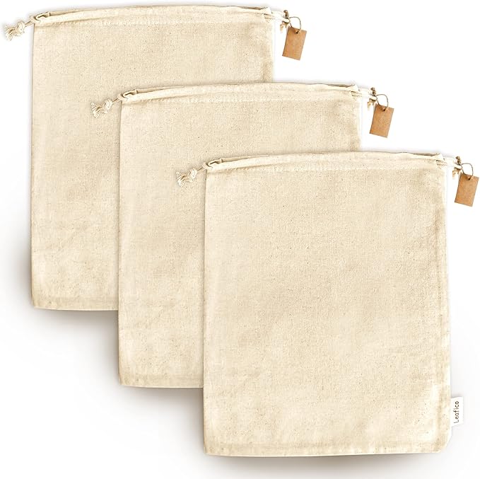 LEAFICO Reusable Produce Storage Bags - XX-Large 19x23 3 Pack - Breathable Muslin Fabric Sacks with Drawstrings – Dust-Proof Travel Cotton Bags for Laundry, Clothes, Purses