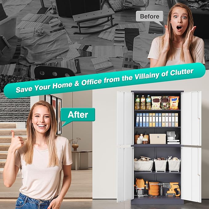 Metal Storage Cabinets with Doors and Shelves,71" Garage Storage Cabinet with Locking Doors,Tall Storage Cabinets with Lock for Home,Office,Gym,Bathroom,Kitchen