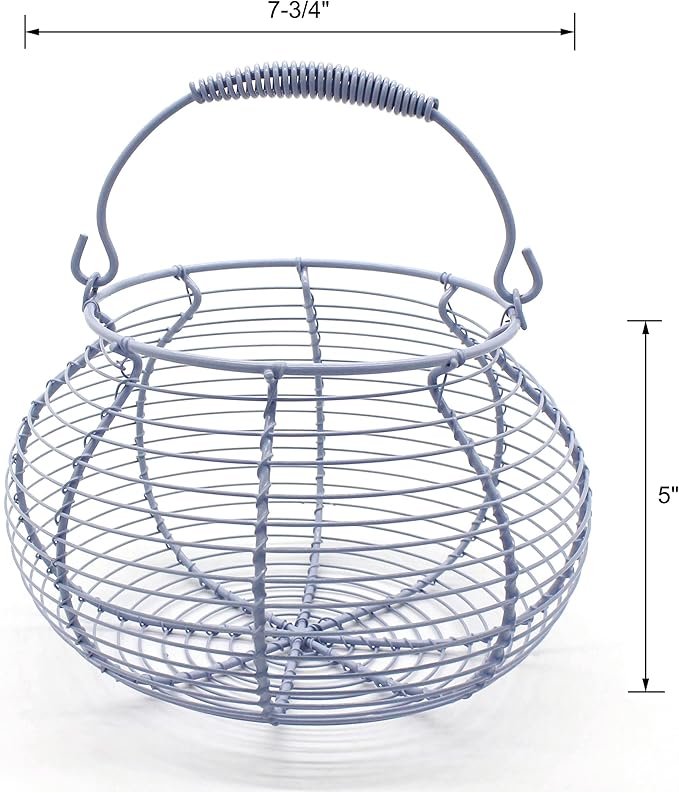 CVHOMEDECO. Elegant Wire Egg Basket with swimming Handle Primitives Vintage Gathering Basket. Light Blue (7-3/4"Dia. X 5"H Blue)