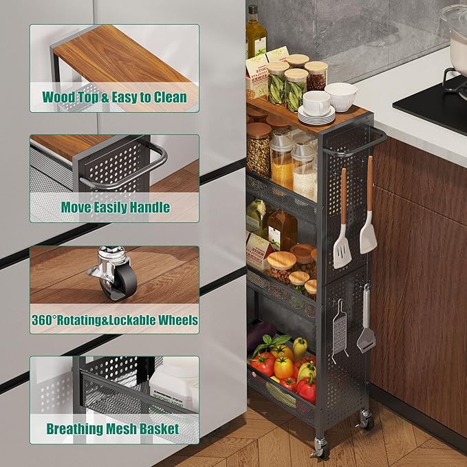 Slim Rolling Storage Cart with Wheels, 4-Tier Metal Utility Cart with Handle & Wood Top, Small Mobile Organizer Shelf Unit for Laundry Room, Kitchen, Bathroom, Office, Narrow Space