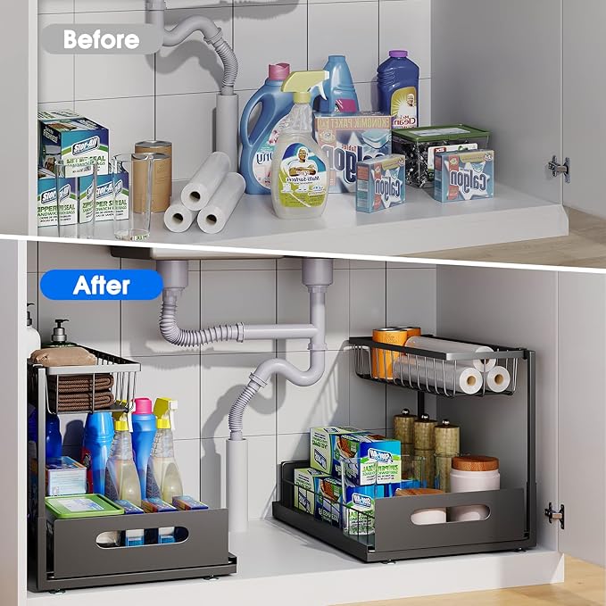 2 Pack Under Sink Organizer, 2 Tier Under Sink Organizers and Storage Multi-Purpose Under Sink Storage for Bathroom Kitchen (Black)