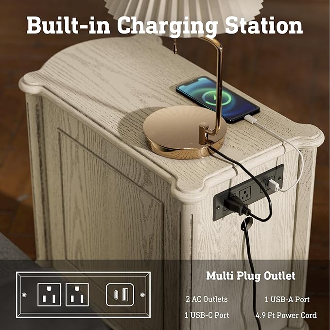 STO'SENSE Nightstand w/Charging Station & 3 Drawers, Pre-Assembled, Vintage Side Table w/Antique-Finished Pulls, Rustic Wood Finish, Narrow End Table w/Turned Legs for Bedroom (1, Antique Grey)