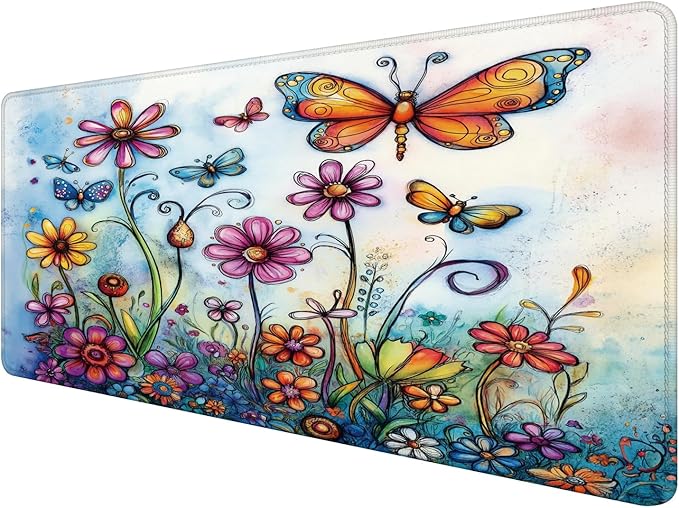 Vintage Hippie Floral Butterfly Large Mouse Pad 31.5x15.7inch, Retro Hippy Flower Butterfly Large Extended Computer Desk Mat Mousepad for Keyboard and Mouse, Flora Desk Accessories