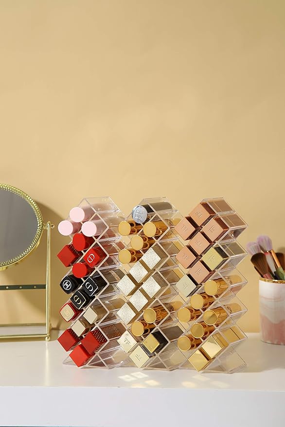 Lipstick Holder Organizer 64 Spaces Acrylic Stackable Fish Shape Lipstick Tower, Lip Gloss Storage Stand, Perfect for Lipgloss Organizers Makeup Vanity Display, Clear (4 Pack)
