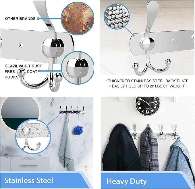 GlazieVault Coat Rack Wall Mount - Stainless Steel Coat Hooks (2 Pack) - Heavy Duty Wall Hooks for Clothes & Accessories (Silver Tri)