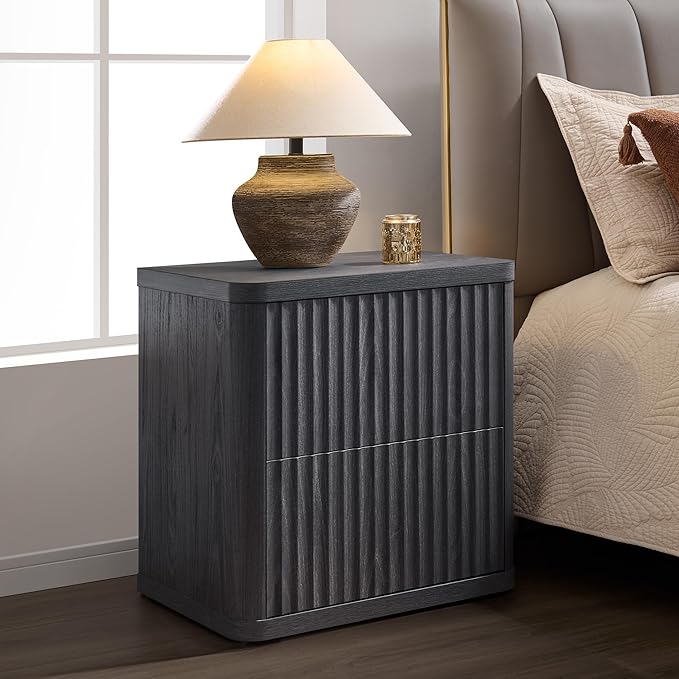 SICOTAS Night Stand Set of 2 Nightstands with 2 Drawers Storage Bedside Table Large Fluted Bed Side End Table Modern 24.4" Tall Wide Night Stands for Bedroom Living Room Sofa Couch Office