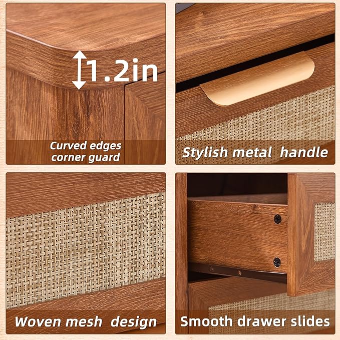 LEYAOYAO Rattan Night Stand with Charger Station, 23" Large 3 Drawer Boho Nightstand, Tea Brown Bedside Table Storage Cabinet, Bed Side End Tables for Bedroom, Living Room, Hallway