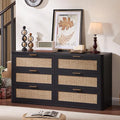 LEYAOYAO Rattan 6 Drawer Dresser for Bedroom, Boho 54" Wide Black Dresser Chest of Drawers, Dressers TV Stand with Metal Handle, Storage Dressers Closet Organizer for Living Room, Hallway