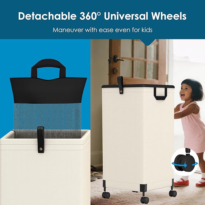 2Pcs Laundry Basket with Wheels 105L, Large Rolling Laundry Hamper with Removable Bag, Metal Frame Collapsible Dirty Clothes Bin, Cloth Organizer Hampers Pull Handle for Bathroom, Dorm, Bedroom White