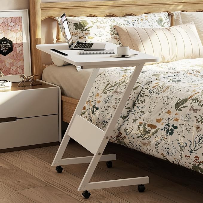 Overbed Bedside Table with Wheels,Small Desk Portable Rolling,Overbed Table Home Use,Movable Desk(White)
