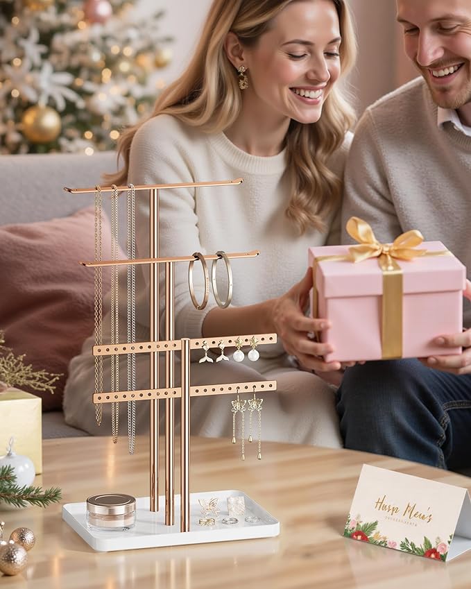 pickpiff Jewelry Stand Holder Organizer: 14.5" Sturdy Hanger for 80 Pcs Jewelry, Rose Gold Jewlery Tower for Display Necklace, Earring, Bracelet, Watch