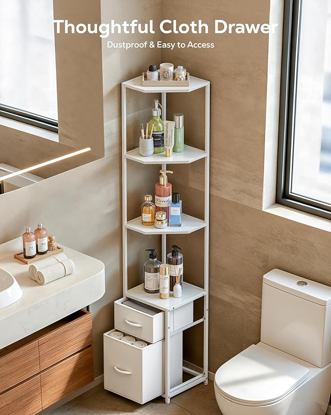 Housolution Corner Shelf Stand with Storage, 63.8'' Tall 6-Tier Corner Bookshelf Includes 2 Fabric Drawers, Freestanding Corners Storage Shelf for Living Room Bedroom Kitchen Bathroom (White)