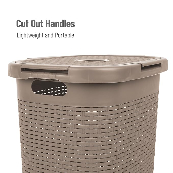 Mind Reader Slim Laundry Hamper with Lid, 60L Clothes Basket, Premium Wicker Design, Plastic, Tan