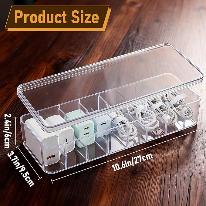 2 Pack Cable Organizer Box, Plastic Cord Storage Box with Lid, Clear Charging Cord Organizer with 8 Compartments and 20 Wire Ties, Charger Organizers for Home Office Drawer Desk Accessories