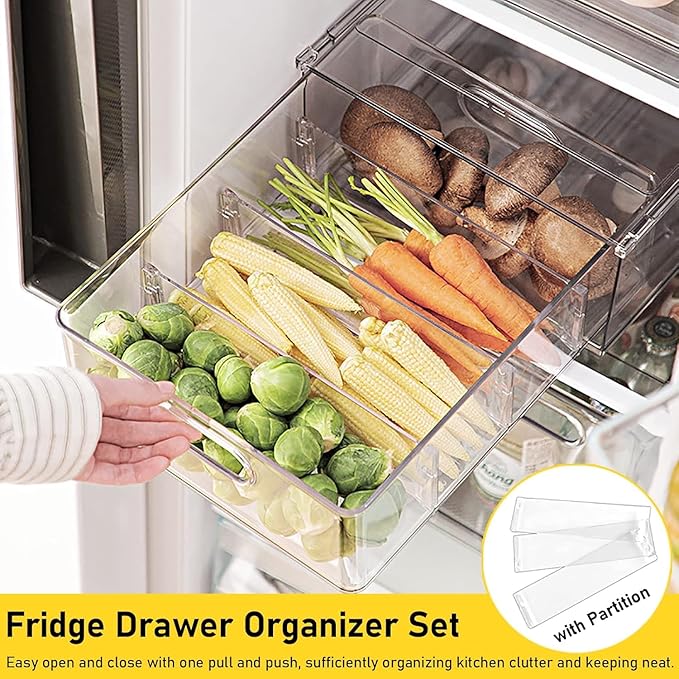Refrigerator Organizer Bins with Pull-out Drawer 6 Pack Stackable Clear Fridge Drawer Organizer Fruit Vegetable Storage Containers for Kitchen Pantry Organization (2 Small)