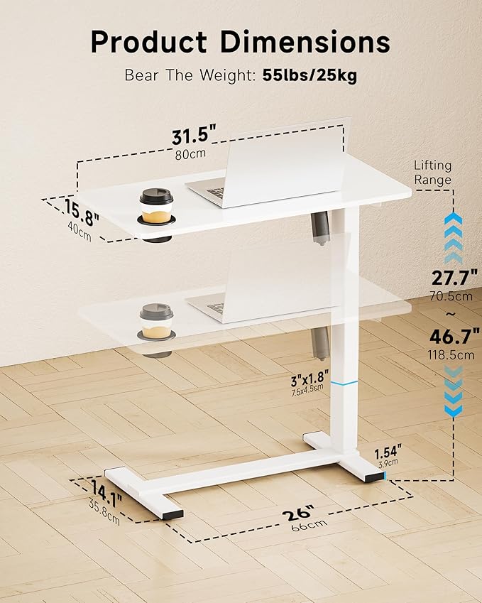 BIZUM Small Electric Standing Desk Bedside Table with Hidden Wheels 31.5 x 15.8 Inch Adjustable Computer Laptop Office Desk, White