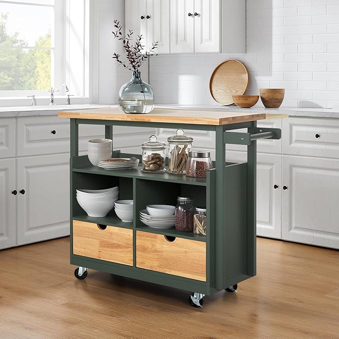 PHI VILLA Kitchen Island Cart on Wheels - Butcher Block Island Table for Food Prep, Rolling Kitchen Trolley with Storage