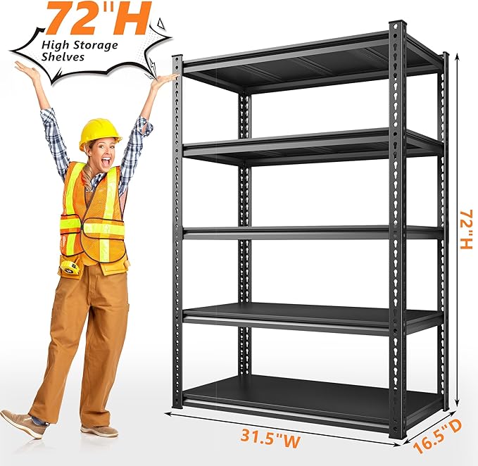 REIBII 72" Garage Shelving,Storage Shelves 2050LBS Heavy Duty Shelving, Adjustable 5-Tier Metal Shelves for Garage, Storage, Basement, Pantry, 72" H*31.5" W*16.5" D