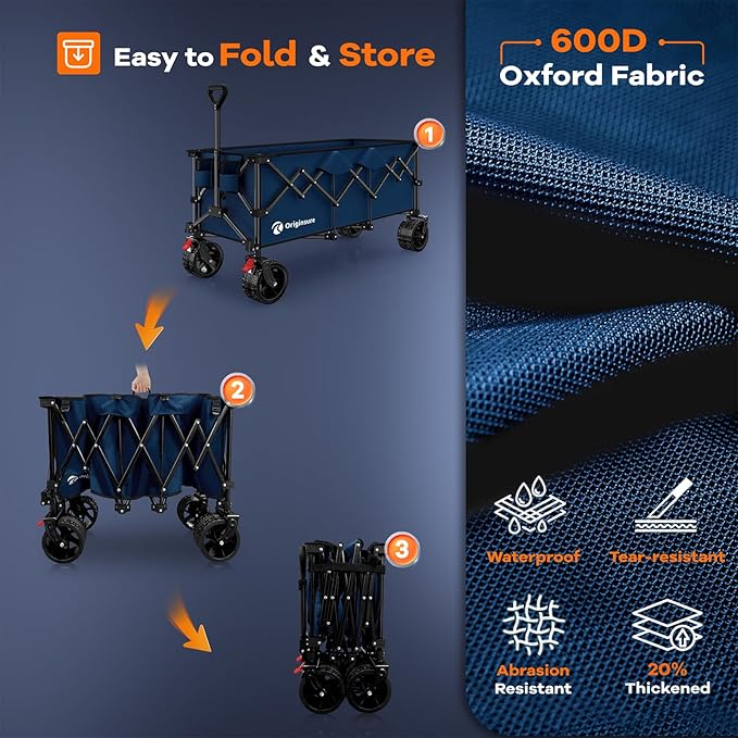 48" L Folding Beach Wagon Cart Foldable, 560lbs Weight Capacity 300L Heavy Duty Collapsible Wagons with Big All-Terrain Wheels, Utility Carts for Groceries, Shopping, Camping, Sports - Blue
