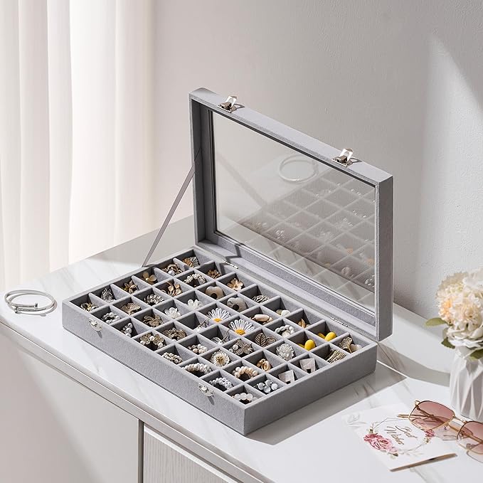 48 Grid Earring Organizer and Storage: Velvet Jewelry Tray with Lid, Jewelry Box for Studs, Earrings, Rings, Necklaces, Dresser & Vanity, Earrings Case Organizer for Girls, Women, Grey