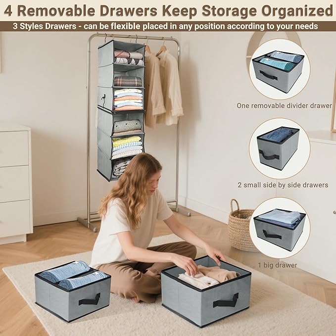 Durable 2-in-1 Hanging Closet Organizer with 2 Separable 3-Tier Hanging Shelves Holder & 4 Removable Drawers,Clothes Storage Organization Space-Saving for Bedroom,Bathroom,Nursery,Dorm,RV