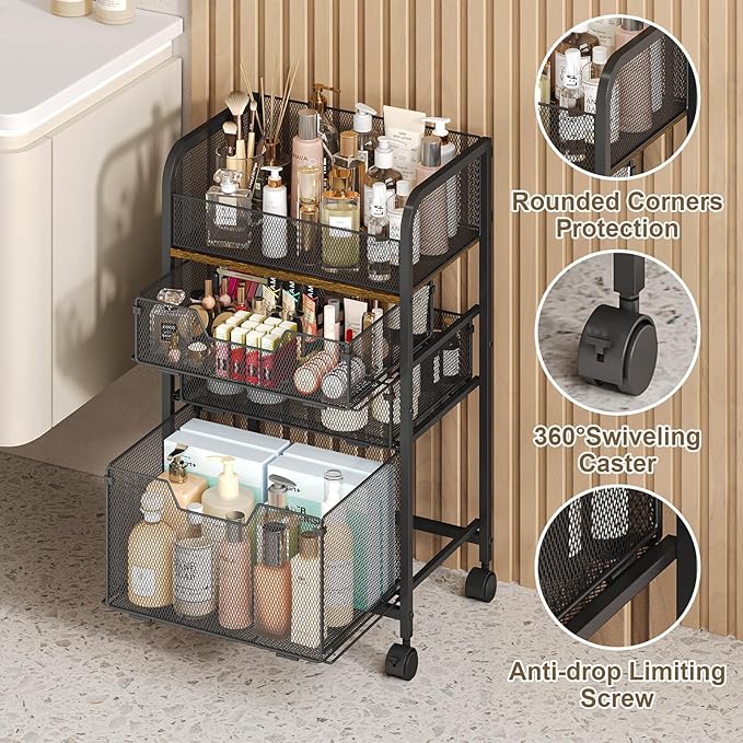 4-Tier Rolling Utility Cart with 3 Drawers - Craft Organizers and Storage with 360° Lockable Wheels,Art Supply Storage Organizer for Art Supplies, Store for Brushes & Paints & Artifacts Small Parts