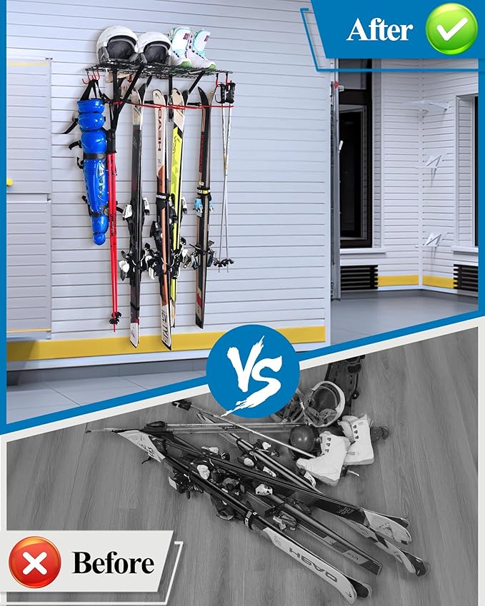 Mythinglogic Wall Mounted Ski Rack, Ski and Snowboard Storage Rack for Garage/Shed, Large Capacity Ski Equipment Holder with Top Shelf