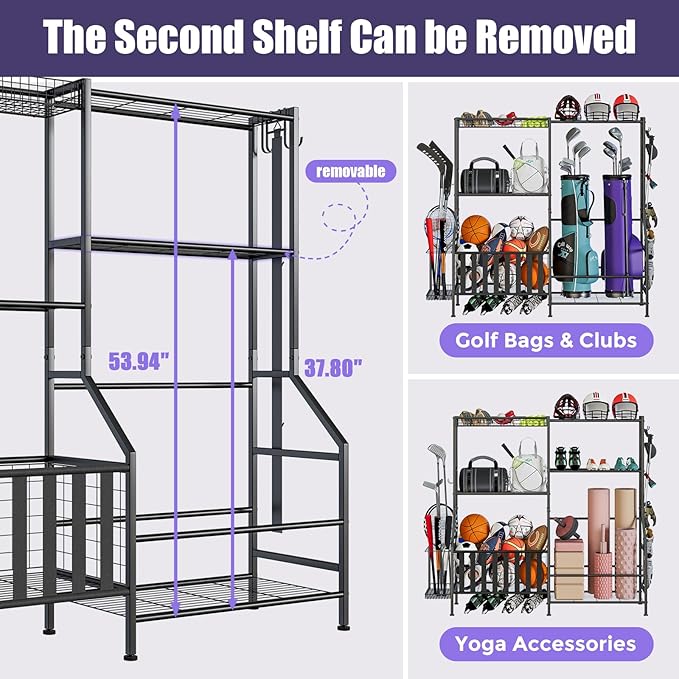 Sports Equipment Organizer, Heavy Duty Golf Bags Stand, Extra Large Ball Storage Rack for Garage