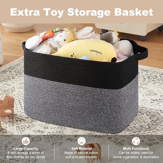 XXXL Supre Large Blanket Basket for Clothes, Towels, Pillows, 108L Cotton Rope Storage Basket for Living Room, Supre Large Woven Toy Storage for Kids, 25" x 16" x 16", Black