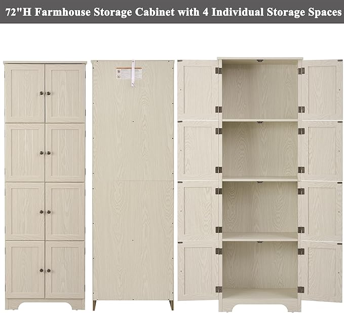 72" H Farmhouse Storage Cabinet, 4 Tier Kitchen Pantry Cabinet with 4 Shelves, 8 Doors Freestanding Floor Storage Cabinet Wooden Organizer Bookcase for Living Room & Kitchen (White)