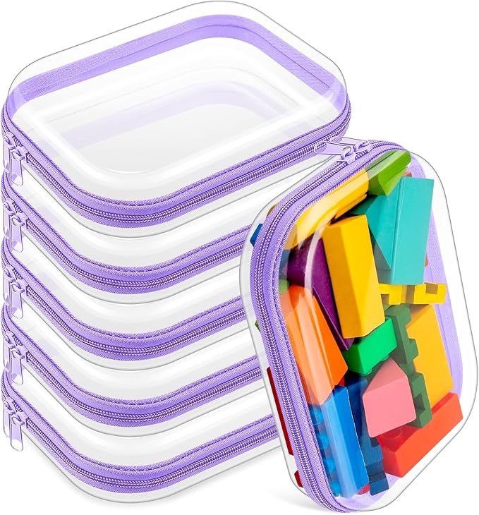 Sanwuta 6 Pcs Clear Hard Zipper Case Hard Plastic Zipper Pouches Transparent Makeup Bag Pencil Pouches for Travel Snacks Christmas Trinket Storage Organizer Box(Purple,7.87 x 5.9 x 2 Inch)
