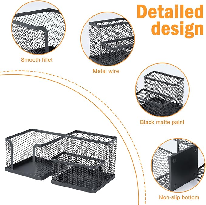 Pencil Holder for Desk, Dual-Compartment Mesh Desk Organizer Set, 2-Piece Set Black Pen Storage Holder & Post It Organizer for Home Office Desk Supplies
