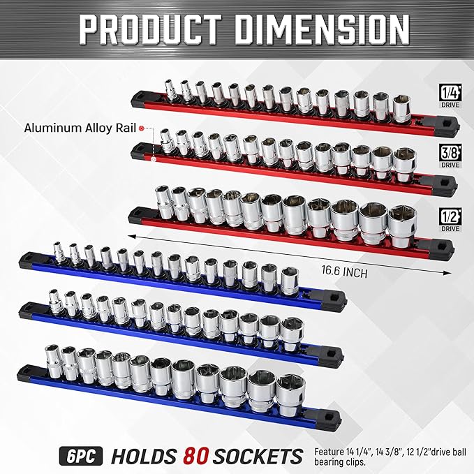 ALOANES 6-Piece Magnetic Socket Organizer, Heavy Duty Aluminum Socket Rails Organizer, 360° Swivel Clips Socket Holder Kit for Tool Box, 1/2, 3/8, 1/4-Inch Socket Holder x 80 Clips (Red&Blue)