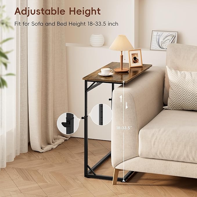 Vagusicc C Shaped End Table, Tall Side Table for Couch, C-Table End Table Adjustable Height Side Tables, Large Surface Sofa Tables TV Tray, Slide Under Couch Tables for Sofa, Living Room,Bedroom,Brown