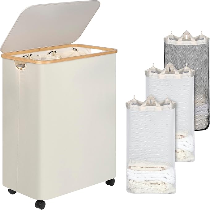 Lagre Laundry Basket with Wheels, Laundry Hamper with Lid, 160L Clothes Hamper for Laundry with 3 Liner Bags, for Laundry Room, Bedroom, Dormitory Organization,Beige