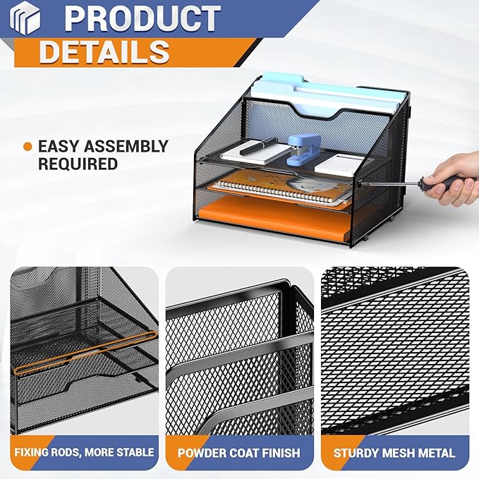 Letter Tray Organizer, Mesh Desk File Organizer with 3 Paper Trays and 2 Vertical Upright Section (Gold)