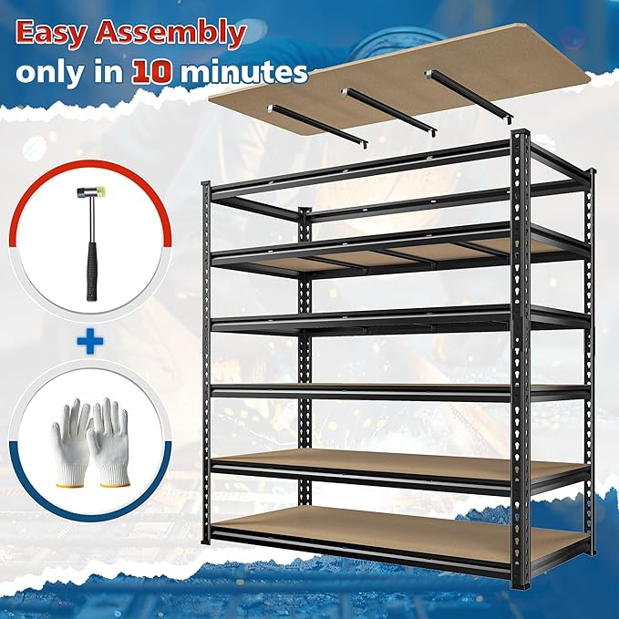 55" W Storage Shelves, 3060LBS Garage Shelving, 6-Tier Heavy Duty Shelving, Adjustable Metal Shelving Unit for Garage, Warehouse, Pantry, Kitchen, 55" W × 24" D × 84" H, Black
