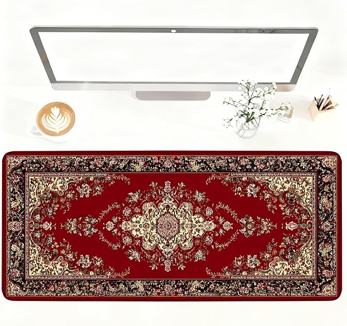 Red Vintage Persian Rug Mouse Pad – Large Extended Desk Mat 35.43 x 15.75 in – Oriental Carpet Design, Non-Slip Rubber Base, Waterproof Surface, Keyboard & Mouse Pad for Office, Gaming, Home