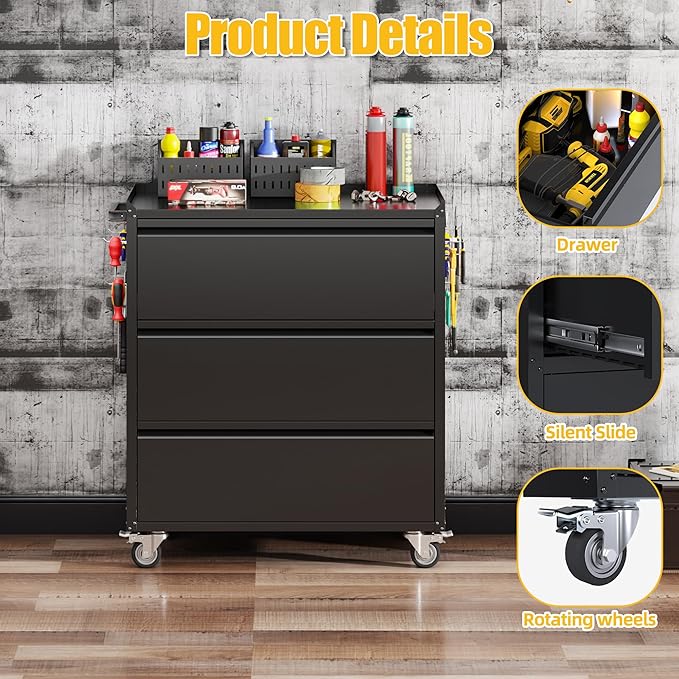Aobabo Metal Storage Cabinet on Wheels, Black Tool Garage Cabinet with 3 Drawer, for Home Office, Assembly Required