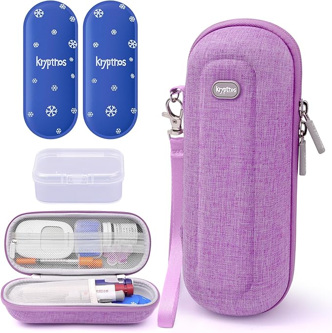Krypthos Insulin Cooler Travel Case, Diabetes Travel Bag with 2 TSA Approved Ice Packs, Portable Medication Organizer for Diabetic Insulin Pens, Vials & Syringes for Travel & Daily Use (Violet)