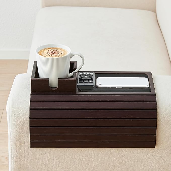 Bamboo Couch Cup Holder, Foldable Sofa Arm Tray, Anti-Slip Couch Aremrest Tray Table for Drink, Cup, Remote, Snacks, Cellphone, Portable, Mahogany
