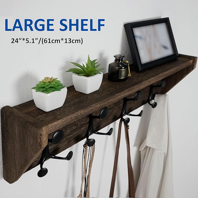 WEBI Wall Shelf with Hooks Underneath,24” Long Wall Mounted Coat Rack with Shelf,Entryway Coat Rack with 4 Triple Hooks for Hanging Coats,Jacket,Hallway,Bedroom,Mudroom,Weathered Brown