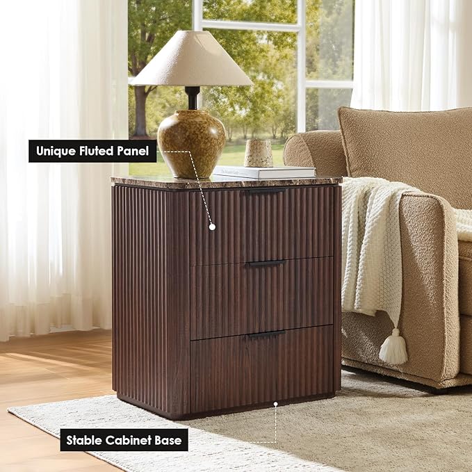 Fluted Nightstand with 3 Drawers, Engineered Wood Bedside Table with Faux Marble-Top, Modern End Table with Curved Corners, Metal Handle, Large Night Stand for Bedroom, Office, Closet, Dark Oak