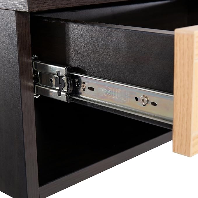 JONATHAN Y NST2000A Celerie 15.71" Mid-Century Modern Floating Wall Mounted Nightstand with Soft-Close Rattan Drawer and Cable Hole, Black/Light Oak